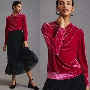 Anthropologie NWT BTFL-LIFE Velvet Pullover Top Pink Rose - Cowl Neck - Size XXS